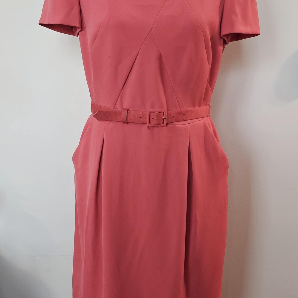Tahari Coral-Pink Midi Dress with Belt and Pockets